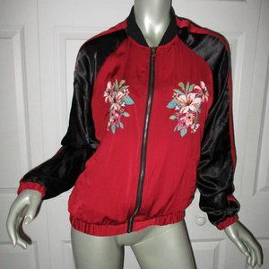 FOREVER 21 Red & Black Floral Embroidered Bomber Jacket